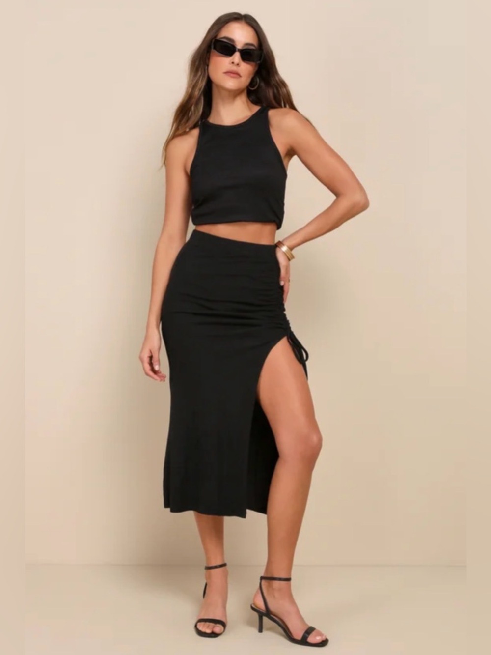 Lulus Simply Trendy Black Ribbed Ruched Drawstring Midi Skirt - Picture 2 of 8